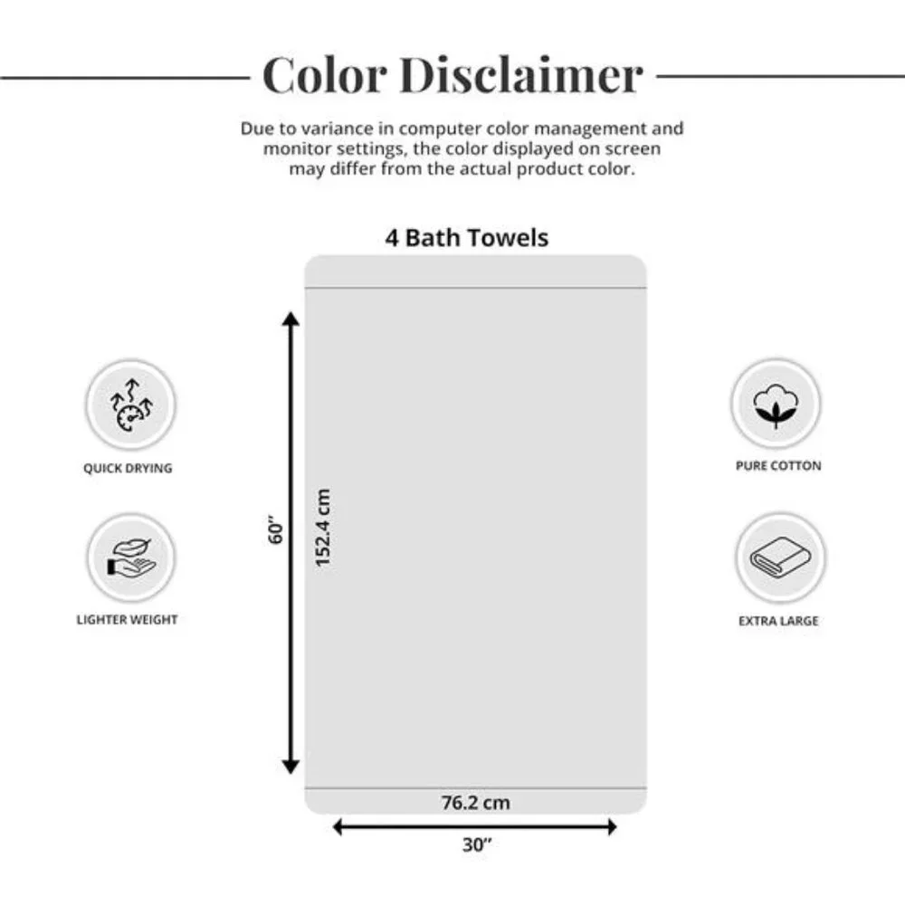 New Pack of 4 Extra Large Bath Towels 30 x 60 Inches, 100% Cotton,